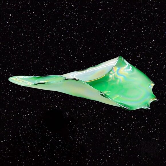 Polish Art Glass Folded Bowl Dish Glass Green Iridescent Poland Vintage 10”W 2”T - Picture 16 of 16